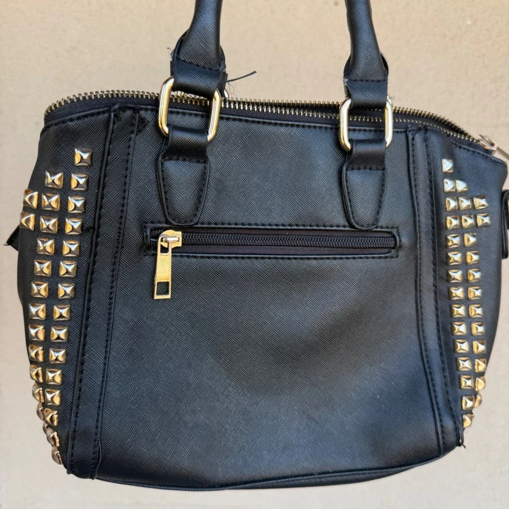 Unbranded Black Studded Satchel Handbag Gold Pyramid Studs Zebra Lining Rocker